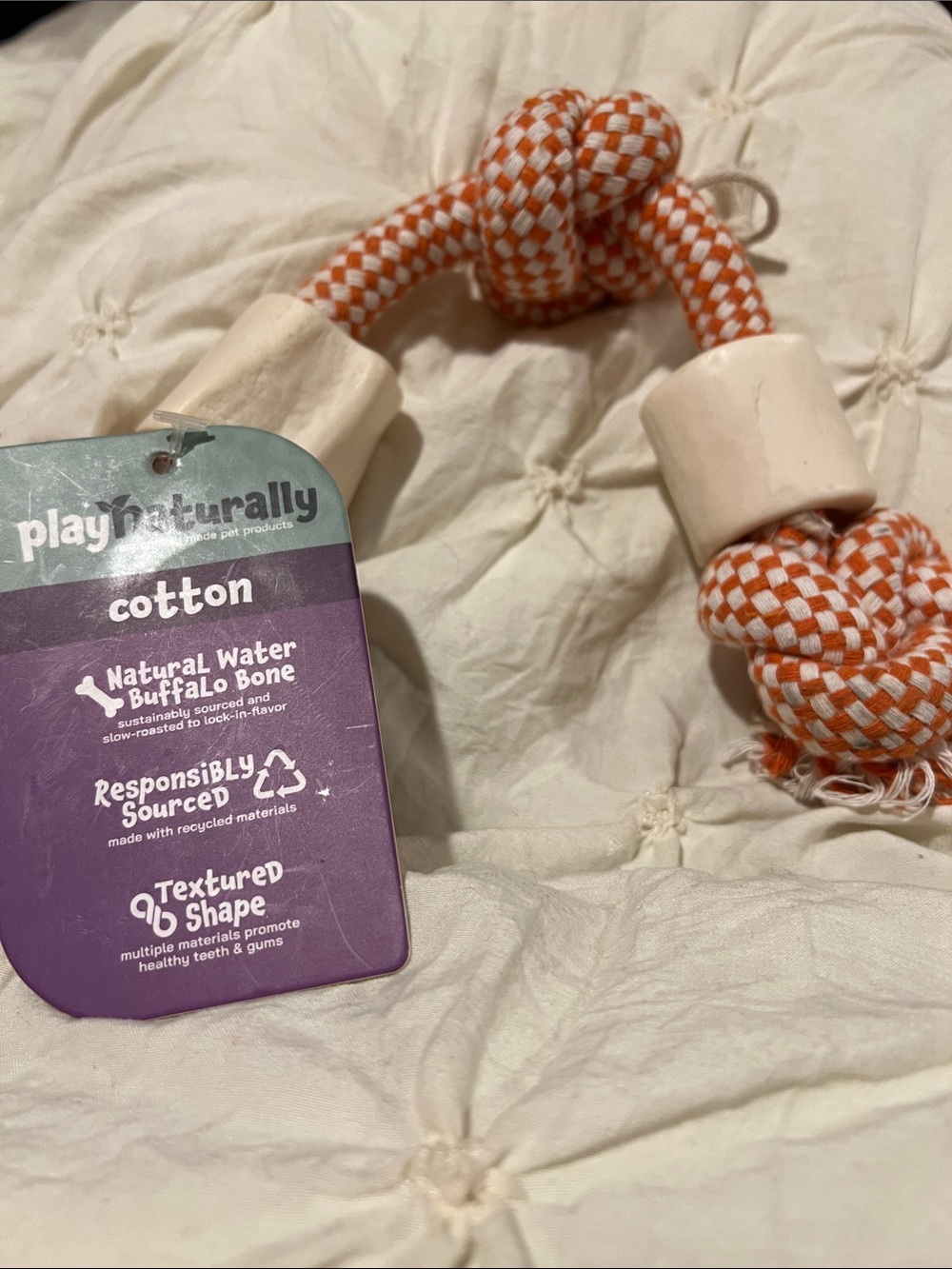 PlayNaturally Cotton Rope and Buffalo Bone Dog Toy - Orange/White